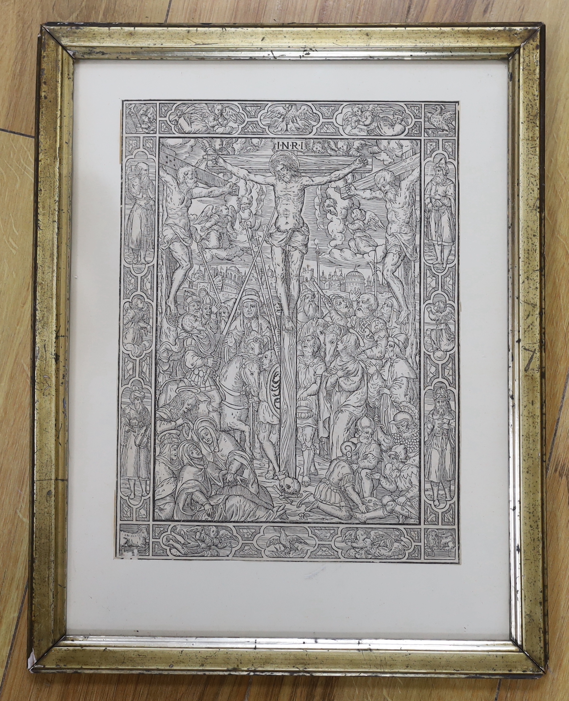 16th century Italian wood engraving, Crucifixion, various inscriptions verso including Office de la Vierge Venice, Marcolini, 1550?, 30cm x 23cm